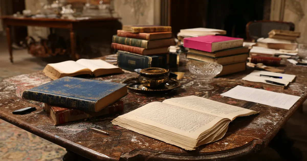 Libri e manoscritti sopra un tavolo. Libri e manoscritti sopra un tavolo.
