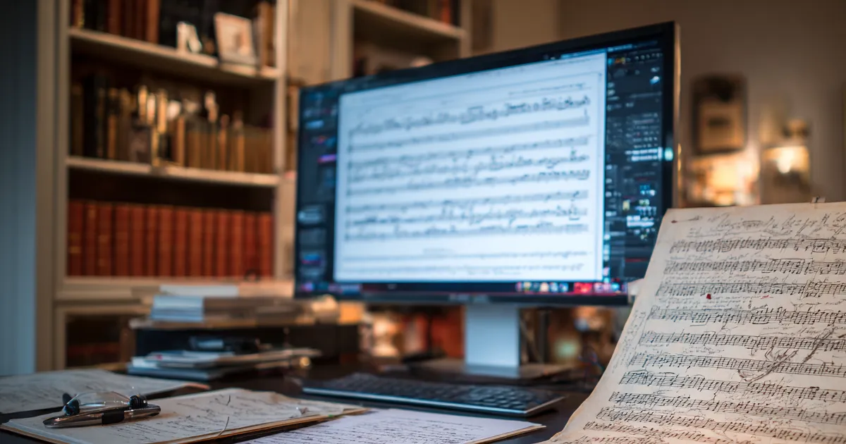 Schermo di computer a destra e un manoscritto musicale a sinistra. Schermo di computer a destra e un manoscritto musicale a sinistra.